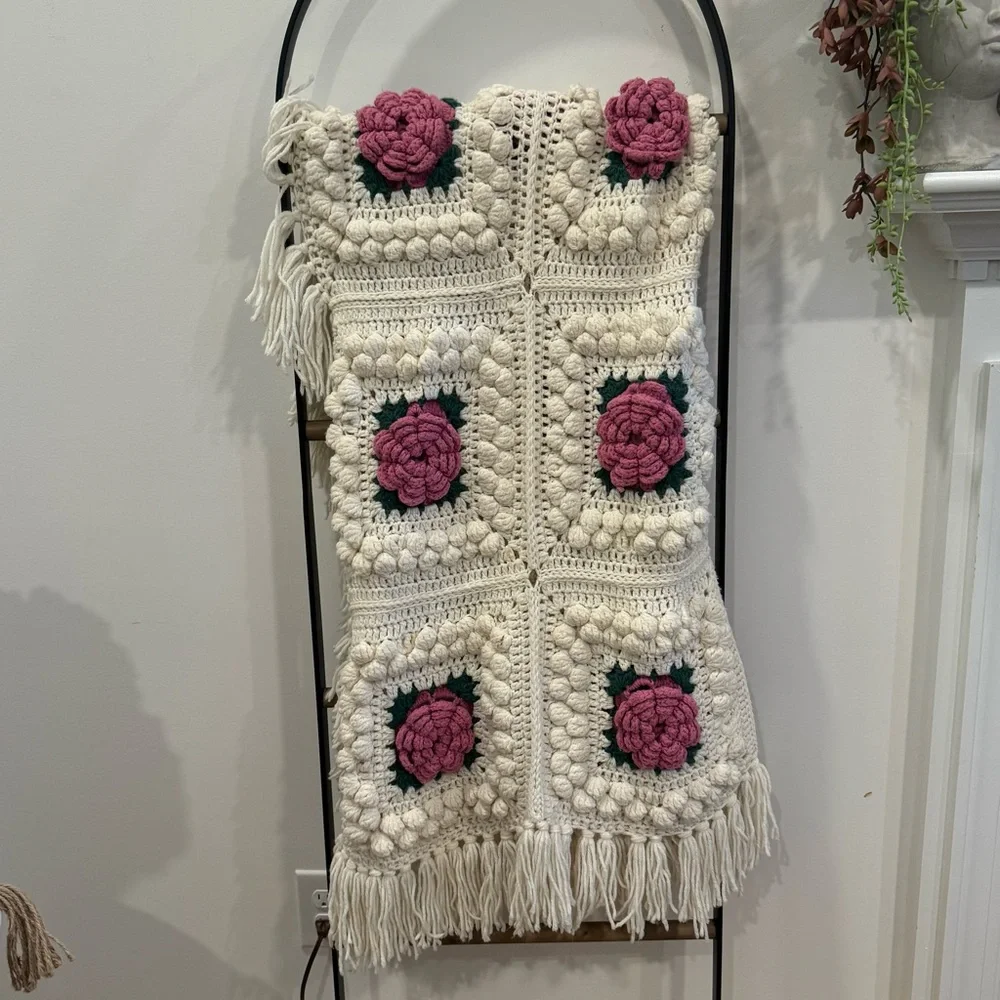 Cream and Rose Popcorn Granny Handmade Crocheted Afghan